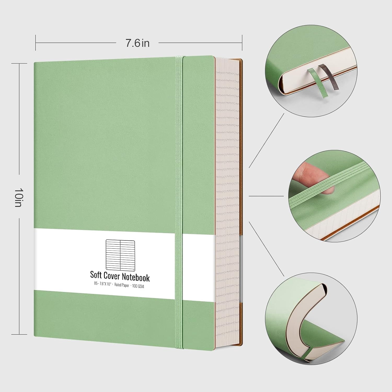 Lined Journal Notebook - 320 Numbered Pages Leather Journal for Women, 100gsm Thick College Ruled Paper, Large B5 Softcover Journal for Writing Work School, 7.6'' X 10''-LightGreen
