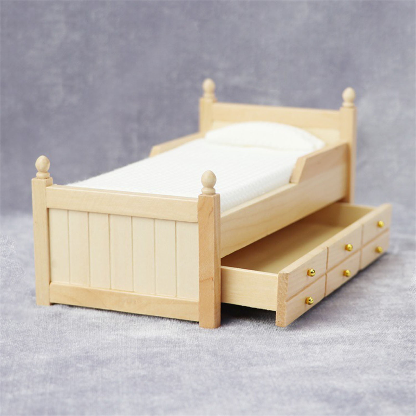 Dollhouse Furniture Queen Bed Set, Mini Bedroom Accessories for 6 inch  Dolls, Blue Bedding, Brown Wooden Frame, 1/12 Scale