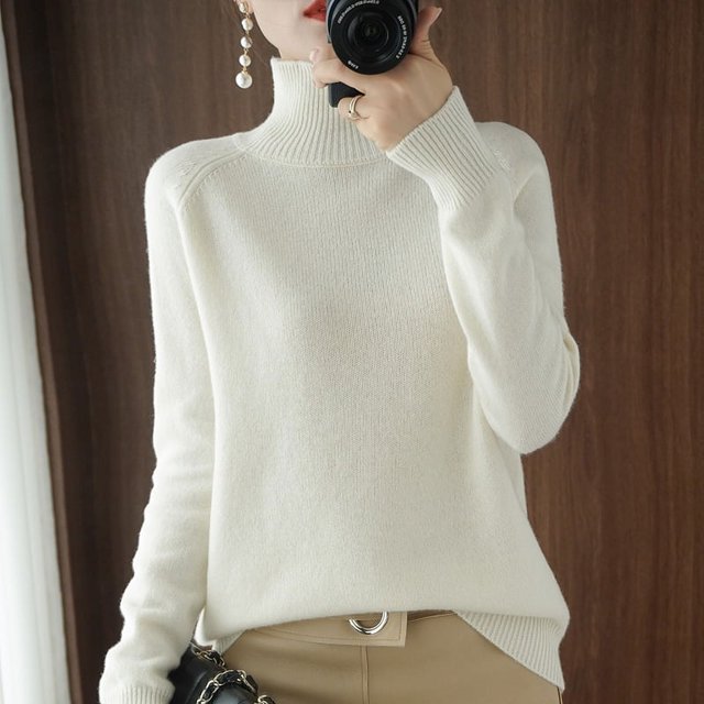 Suéter básico de cuello alto de lana merino, suéter de cachemira informal, cómodo, otoño e invierno, ropa de mujer con mangas raglán