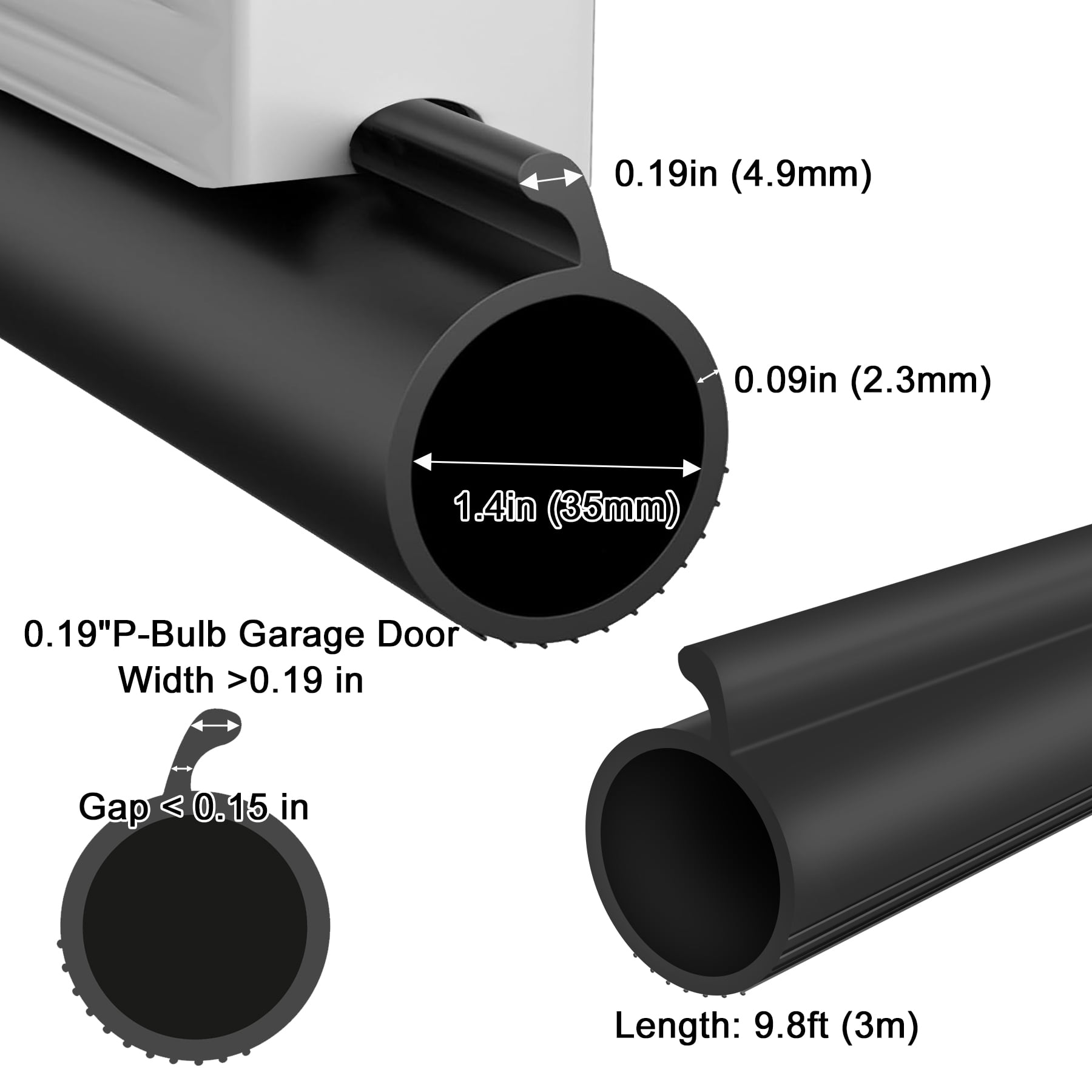Taaizau Garage Door Bottom 0.19" P-Bulb Seal Strip, Replacement Rubber Weather Stripping, for Single Slot Overhead Door Weatherproof & Buffering,118''L, Black