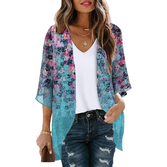 Cardigan for Women's Plus Size Summer Casual Floral Print Puff Sleeve Kimono Cardigan Loose Chiffon Cover Up Blouse Tops Party Up to 65% off