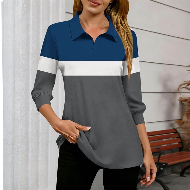 TaTaai 3/4 Sleeve V Neck Top for Women, Slim Fit Printed Fall Blouse, Casual Stretchy Fashion Wear, Elegant Daily Tops Gift
