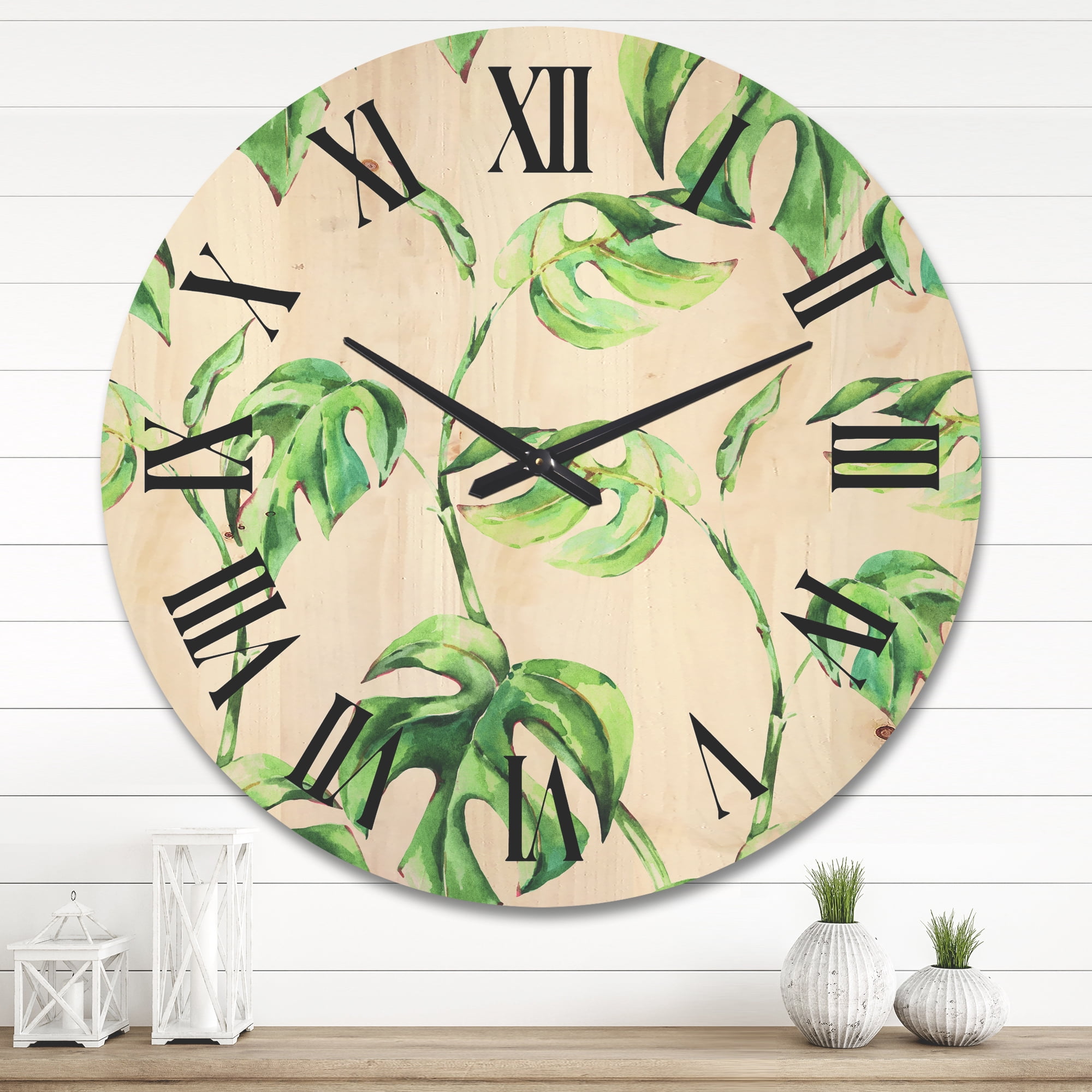 Designart 'Ancient Floral Tropical Leaves II' Tropical Wood Wall Clock