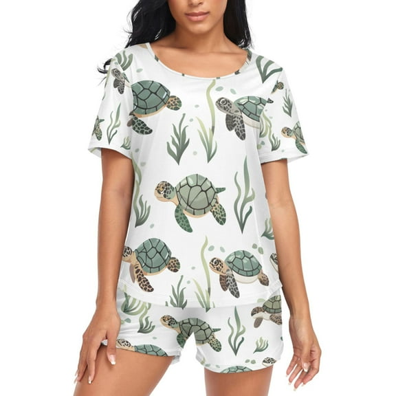joogoo Women's Pajama Set Many Turtles Seaweed Short Sleepwear Loungewear with Pockets M