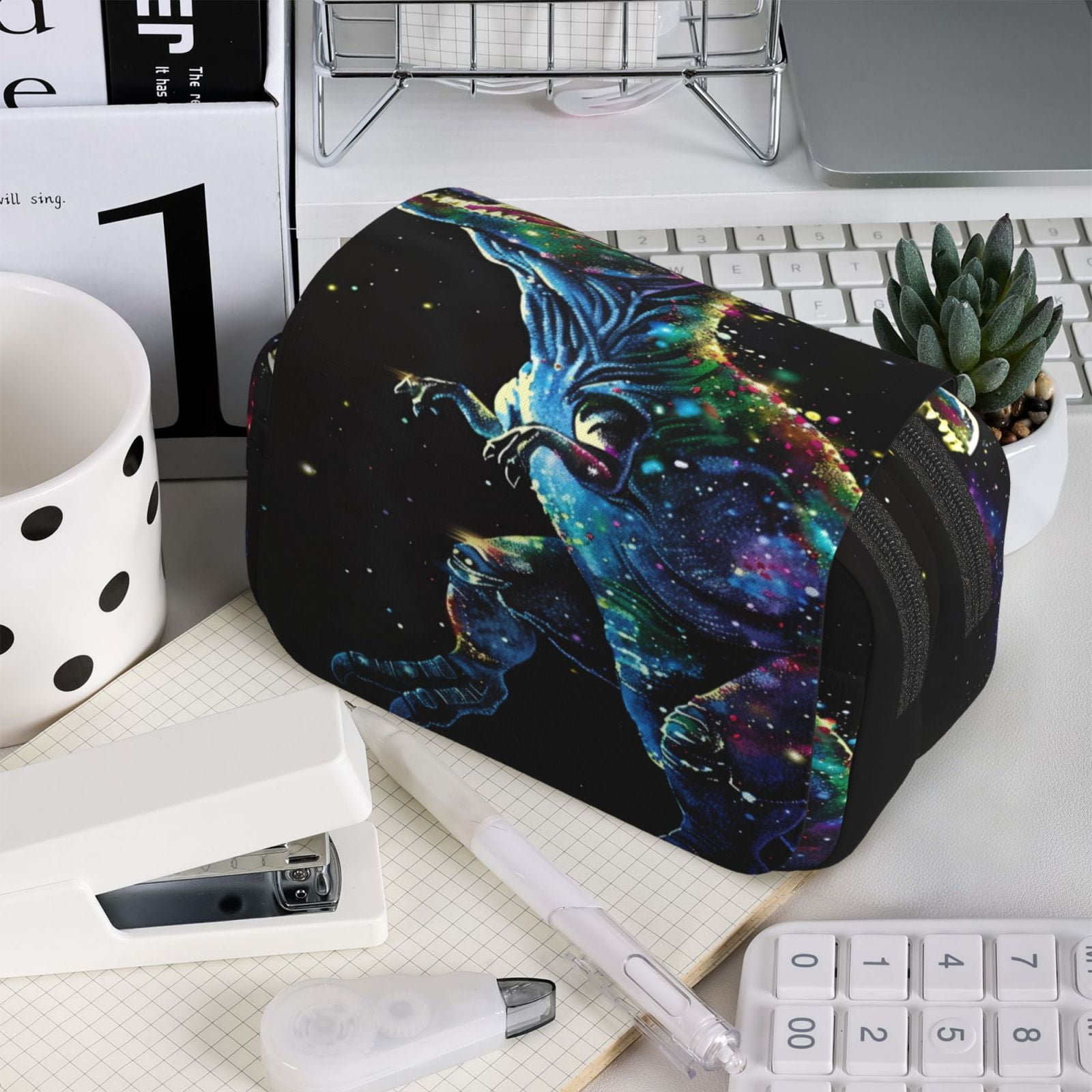 Rateoe colorful flames dinosaur Pattern Double Clamshell Pen Case, Storage Organizer with Two Zipper Compartments– Holds Up to 50 Pencils & Pens