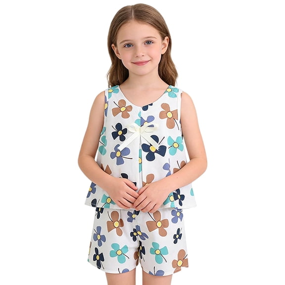 Cethrio Girls Cotton Outfit Sets, Sleeveless Printed Summer 2 Piece Girls' Clothing Sets Dark Blue Size 5T