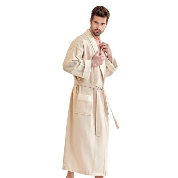 Towelsoft RM-MEN-WFL-VLR-BG Unisex Mens Luxury 100 Percent Cotton Waffle Beige Bathrobe, Velour Shawl - One Size