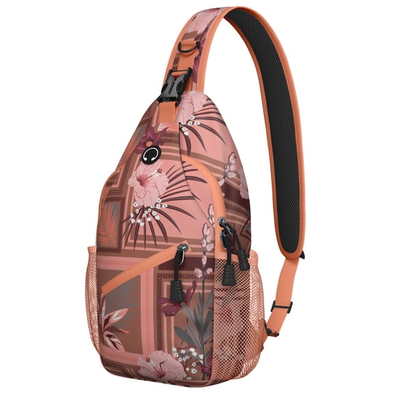 Tropical Floral Sling Backpack, Hawaiian Print Crossbody Travel Bag with Jungle Leaves, Exotic Botanical Pattern, Palm Leaf, Hibiscus, Summer Beach Vacation