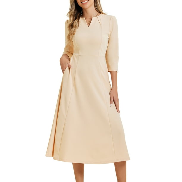 Vestido de trabajo para mujeres INSPIRE CHIC, corte A, mangas 3/4, vestido midi elegante, durazno profundo, talla S