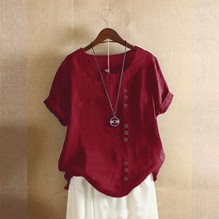 

SHUDAGENG Women s Fashion 2023 Round Neck Vintage Cotton and Hemp Solid Button Short Sleeve T-Shirt Top Underscrub Long
