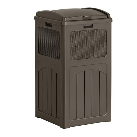 30 Gallon Trash Can, Resin Outdoor Garbage Can with Lid, Waterproof Hideaway Patio Waste Bins for Outside Use (Deep Brown)