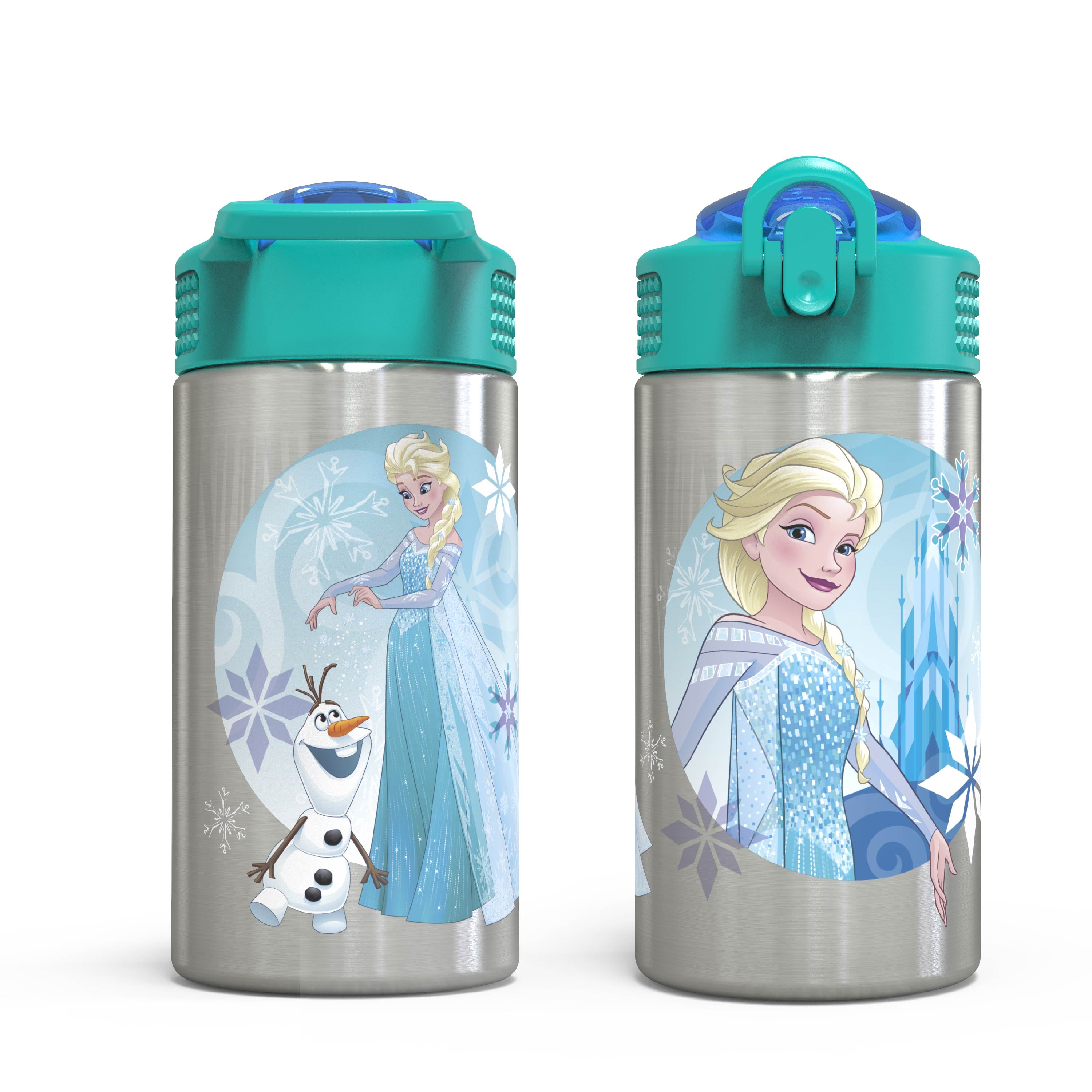 Zak Designs 15.5 oz Disney's Frozen Kids Water Bottle Stainless Steel with Push-Button Spout and Locking Cover, Elsa & Olaf
