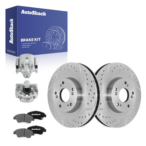 AutoShack Front Vented Drilled & Slotted Silver Zinc Coated Brake Rotors   Ceramic Pads   Calipers 8-PC Brake Kit Replacement for 2006-2011 Honda Civic SilverShield Pro 10.31" (261.9 mm)