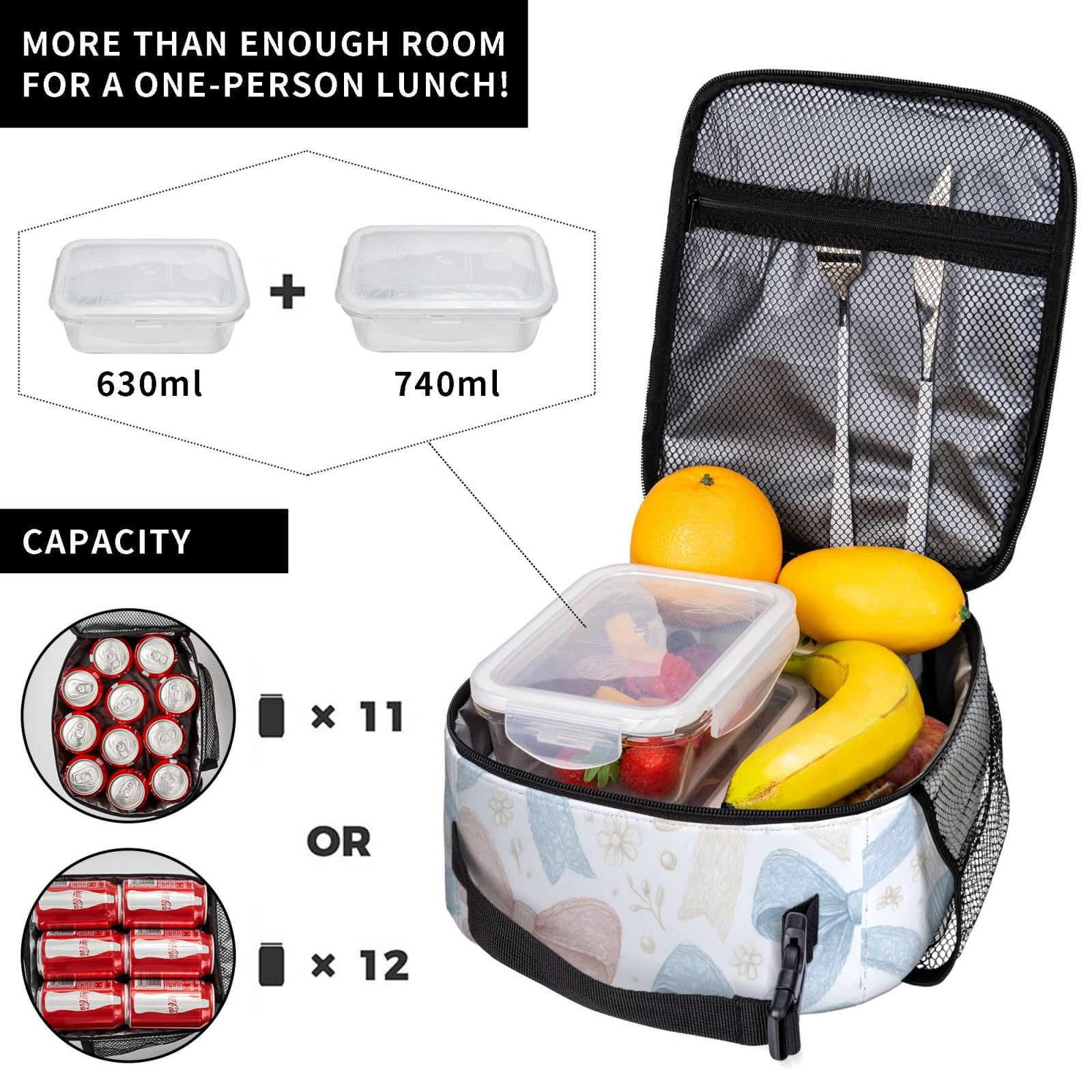 Lunch Bag For Women Men Insulated Portable Lunch Box Bento Box Office Picnic Travel Cooler Bag Romantic Vintage Lace Ribbon Bow Pattern