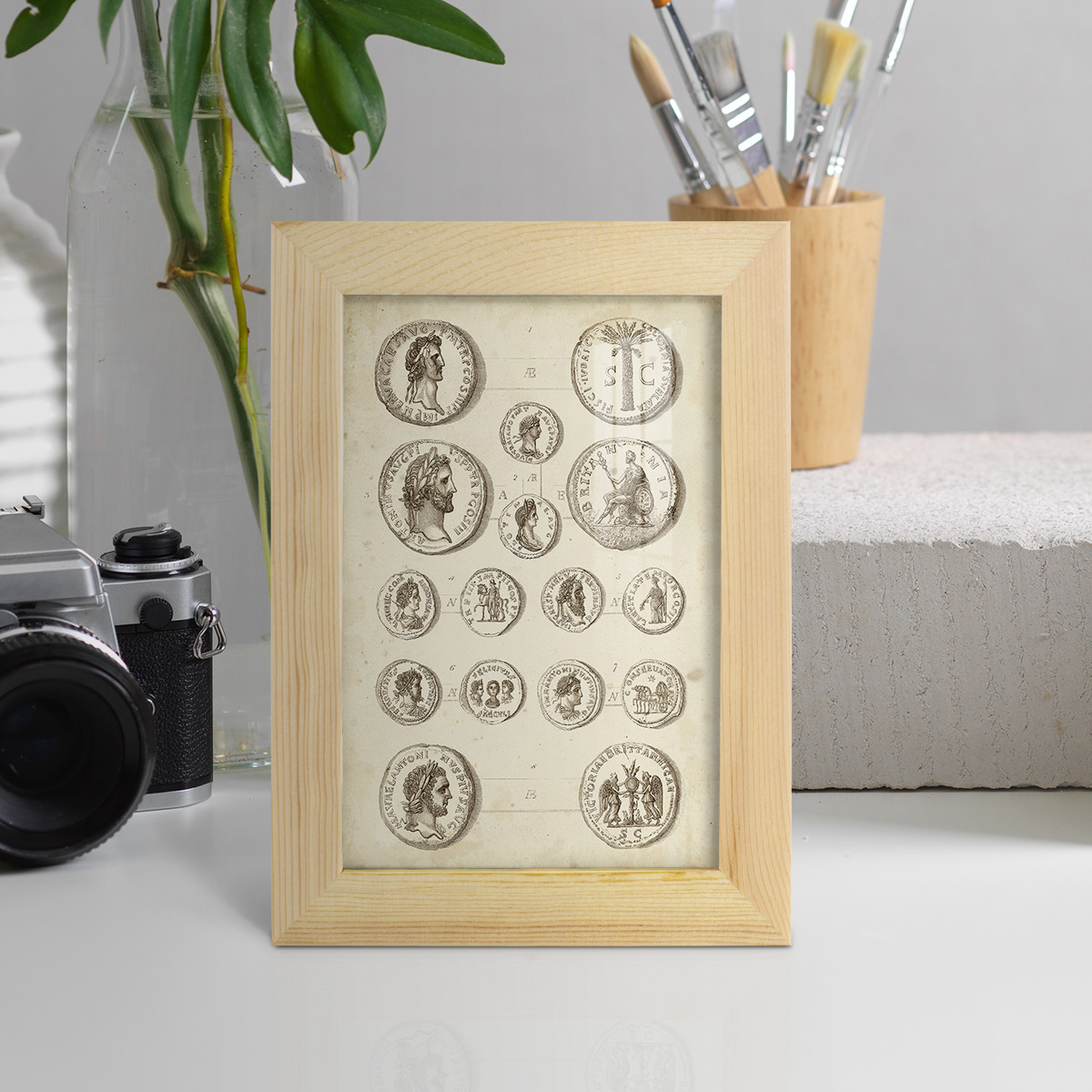 Antique Roman Coins IV -Framed Print w/glass-Natural Wood