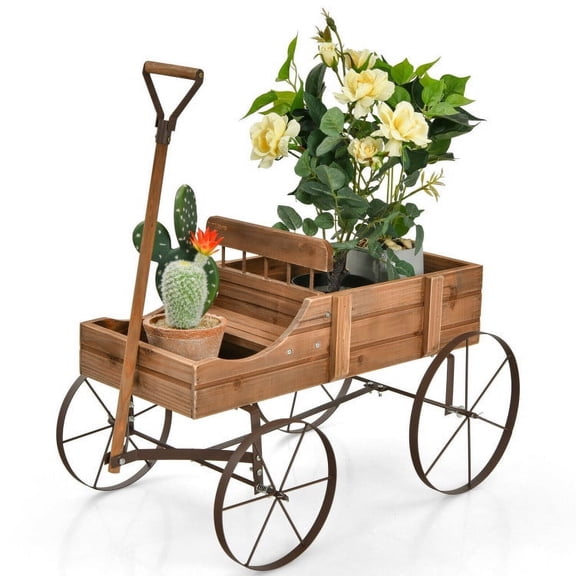 Wooden Wagon Planter Cart with Metal Wheels, Rustic Fir Wood Garden Plant Bed with Handle, Decorative Flower Box for Patio, Yard, Balcony, Backyard, Porch, Lawn, Indoor Outdoor Plant Display