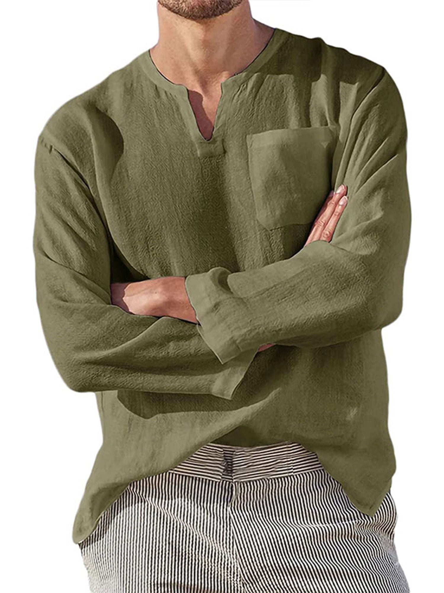 Mens Cotton Linen V Neck Long Sleeve Shirt Casual Solid Baggy Pocket Tops Blouse