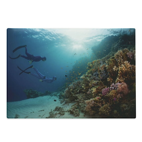 Diver Cutting Board, Real Life Image of 2 Free Humans Exploring a Coral Reef Wall in the Red Sea, Decorative Tempered Glass Cutting and Serving Board, in 3 Sizes, by Ambesonne
