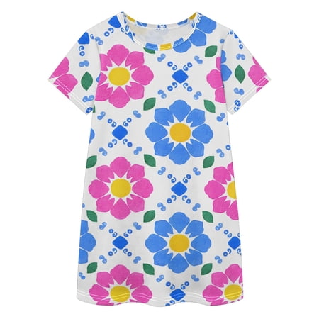 Lovely Pink Flowers Pattern Girls Casual Dresses Short Sleeve Cotton Dress for School Daily Wear 3T