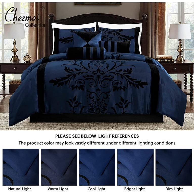 Chezmoi Collection 7-Piece Luxury Navy Gold Floral Jacquard Comforter Set  Queen Size