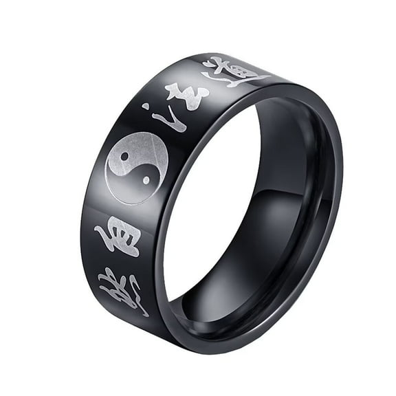 PAMTIER Men's Stainless Steel 8MM Tai Chi Gossip Pattern Chinese Character Religion Mantra Amulet Biker Ring Yin Yang Balance Talisman Black Size 6