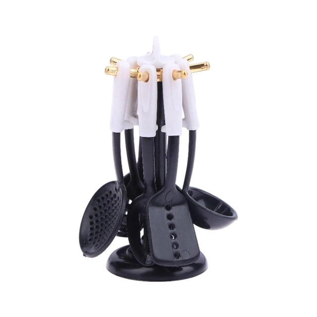 Juego de 7 utensilios de cocina para casa de muñecas, juguetes de cocina, utensilios de cocina para habitaciones de modelos Blanco y negro