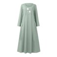 thumbnail image 4 of Robe en Lin de Coton pour Femmes Col Rond Imprimé Manches Longues Décontractée Ample Fluide Vacances Longue Robe avec Poches, 4 of 5