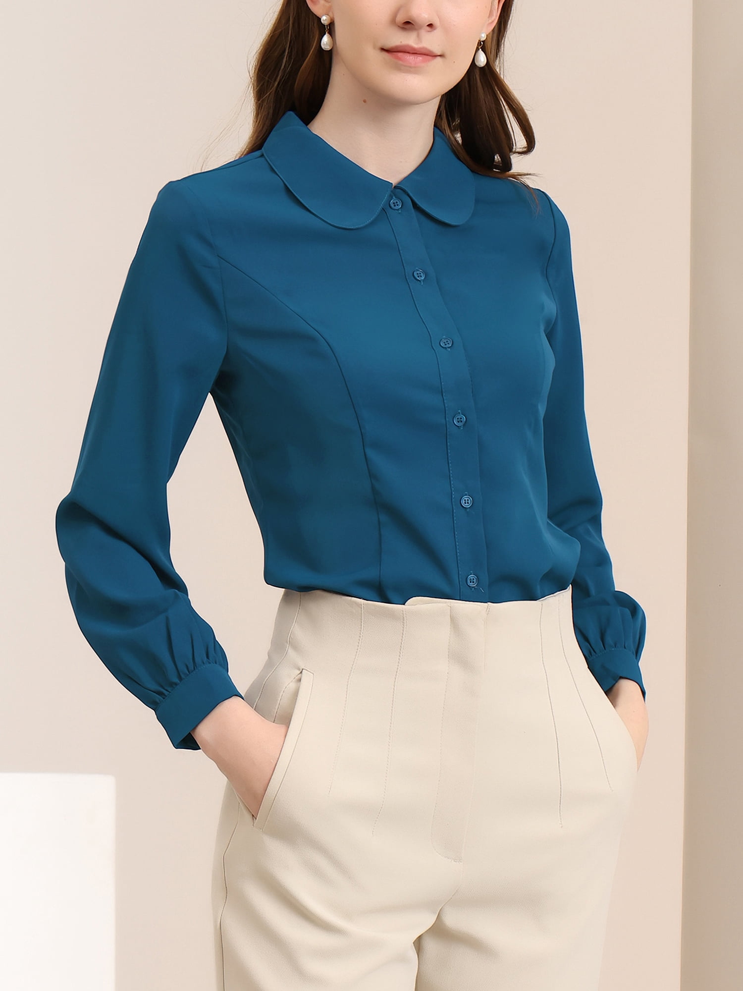 DARING DIVA Women's Peter Pan Collar Long Sleeve Button Down Work Shirts S Peacock Blue