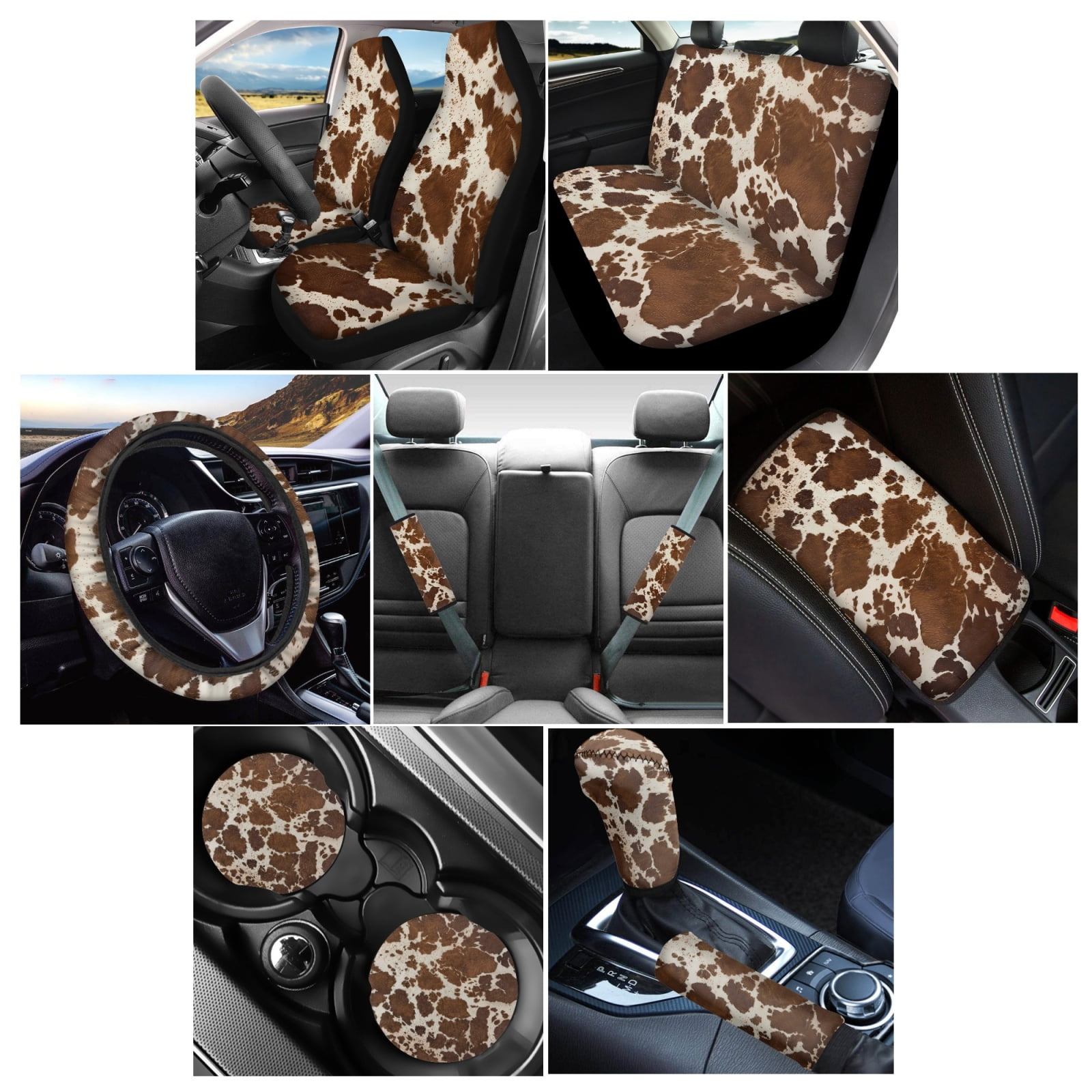 Renewold Light Brown Cow Print Car Seat Cover Front Back Seat Protector with Steering Wheel Cover,Belt Pad,Armrest Pad Handbrake Cover Gear Shift Cover Universal Fit Car Accessories