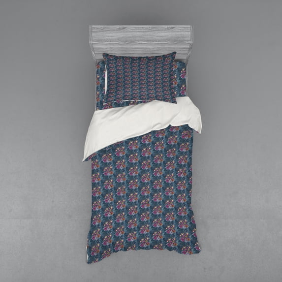 Flower Duvet Cover Set, Abstract Chaotic Pattern with Floral Fantasy Vertical Bouquet Art Image, Bedding Set with Shams and Fitted Sheet, 3 Sizes, by Ambesonne