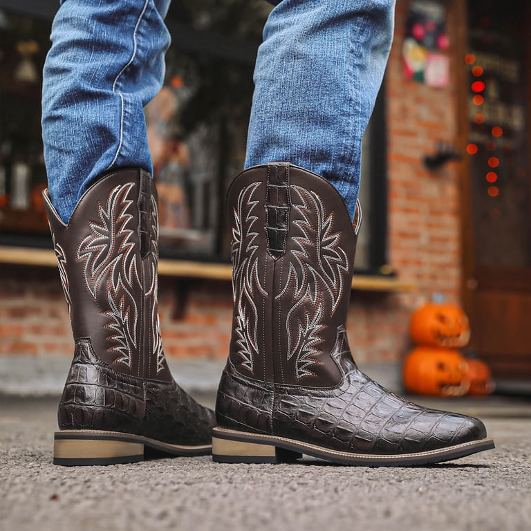 Cowboy Boots for Men Square Toe Western Slip on Work Booties 