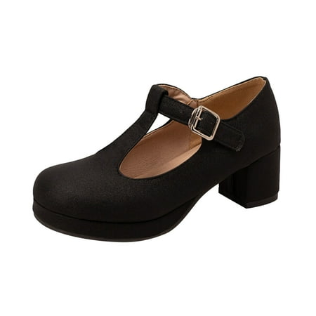 

Dyfzdhu Ladies Fashion Solid Color Leather T Shaped Buckle Round Toe Thick High Heeled Single Shoes