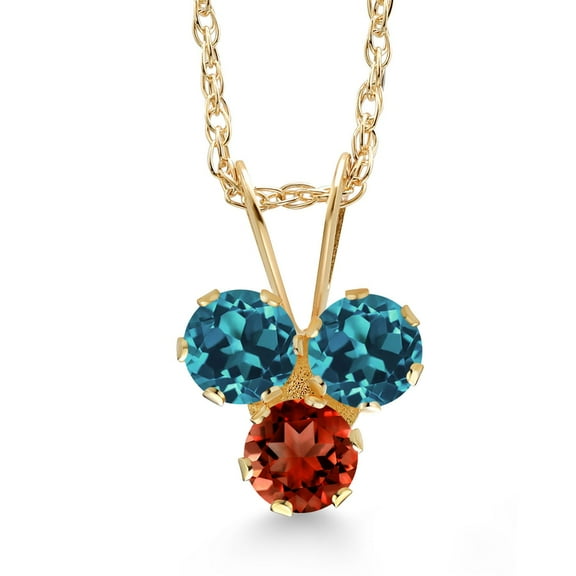 Gem Stone King 14K Yellow Gold London Blue Topaz and Red Garnet 3-Stone Pendant Necklace for Women (0.41 Cttw, Gemstone November Birthstone, Round 3MM, 18 inch Chain)