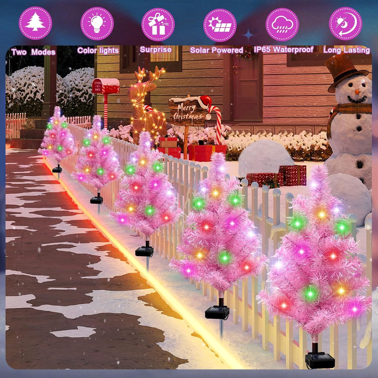 Solar Christmas Tree Outdoor Decor, Waterproof Solar Xmas Decorations Garden Stake Lights, Multi-Color LED Christmas Décor for Outside Landscape Pathway Porch Yard Holiday (4 Pcs Pink)