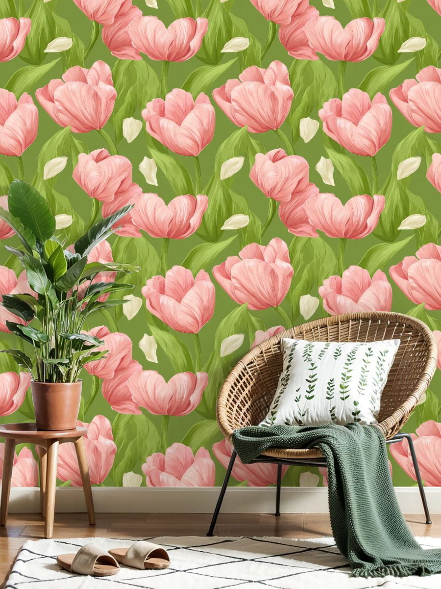 Sage Green Peel and Stick Wallpaper Pink Tulip Floral Green Soft Green Leaves Petals Wall Mural 23.6in x 9.8ft Self Adhesive Removable Wall Paper Renter Friendly Wallpaper for Girls Bedroom