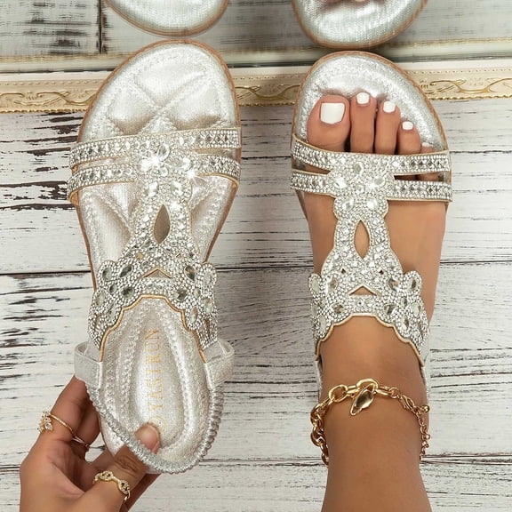 Womens Sandals Floral Rhinestones Low Heels Sandals with Ankle Strap Fashion Summer Beach Shoes Open Toes Sandals for Women (Silver 7.5)