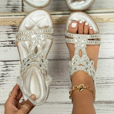Women Shoes Sandals For Women Comfort With Elastic Ankle Strap Casual Bohemian Beach Shoes Fashion Floral Casual Shoes Open Toe Low Heels Sandals Silver 7