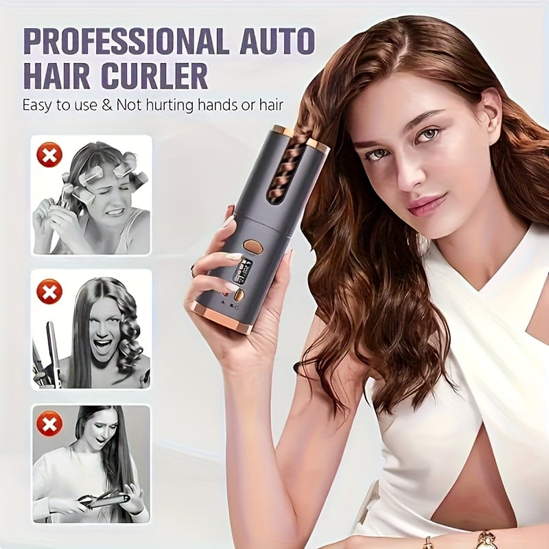 Portable Wireless Hair Curler - Auto Rotate, LCD Display, Long-Lasting Battery, USB Rechargeable, Ergonomic Design for Salon & Home Use, Sleek Metallic Finish, Highquality Build