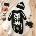 thumbnail image 4 of CUZIBR 2 Piece Baby Boys Halloween Skeleton Costume Set Long Sleeve Bone Print Jumpsuit Snap Crotch Romper With Letter Knit Beanie Hat Toddler Infant Party Outfit,Black,0-3 Months, 4 of 8