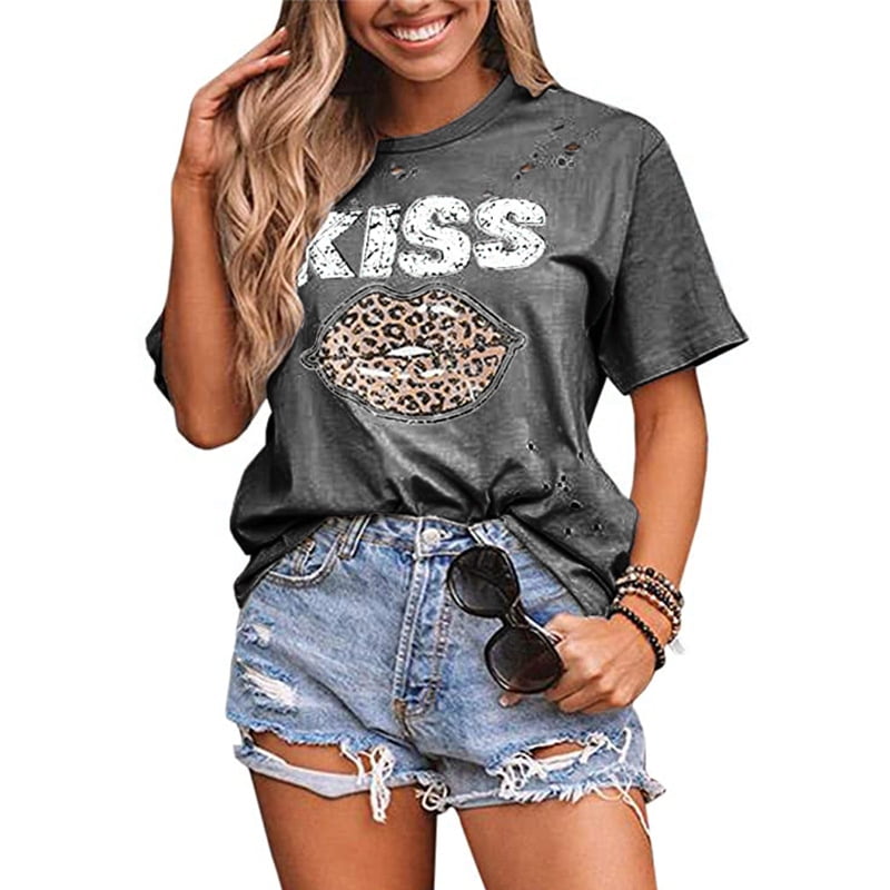 Women T-Shirt Summer Leopard Graphic Print Short Sleeve Loose Top Rock Band Music Tees