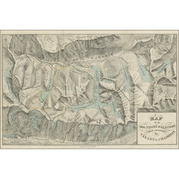 24"x36" Gallery Poster, Map of the mountains and glaciers which surround the valley of Chamonix, 1830