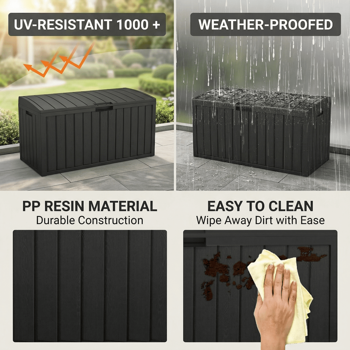 75 Gallon Outdoor Storage Box, Waterproof Lockable Deck Box, Heavy Duty Patio Cushion Storage Bin with Wheels & Seat, Resin Outdoor Storage for Garden Tools, Pool & Backyard – Black