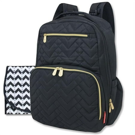 UPC: 0886252222656 | Fisher-Price 17”L Signature Morgan Quilted Multi-Pocket Diaper Bag Backpack with Matching Changing Pad Insulated Bottle Pocket Tablet Pocket and Stroller Straps in Black