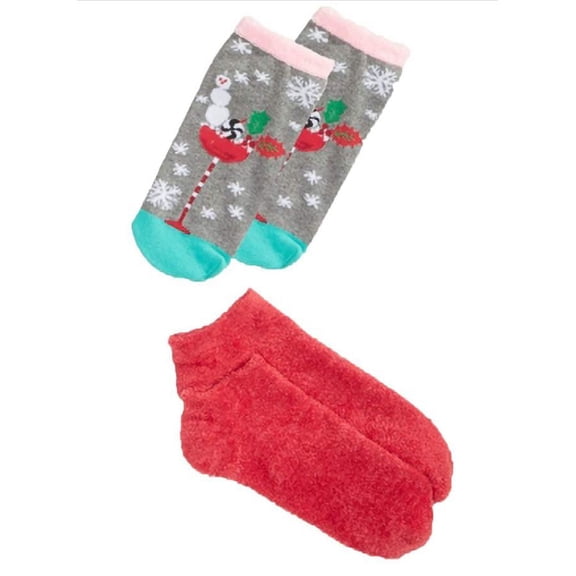 HUE Women's Footsie Ankle Sock Gift Box Set 2 Pair, Red, Grey, Snowman, One Size