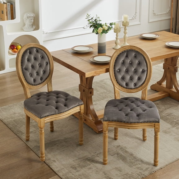 FFZ French Style Velvet Dining Chair Set of 2 with Hand-Pulled Buckle, Solid Wood Legs, Steel Spring, Gray