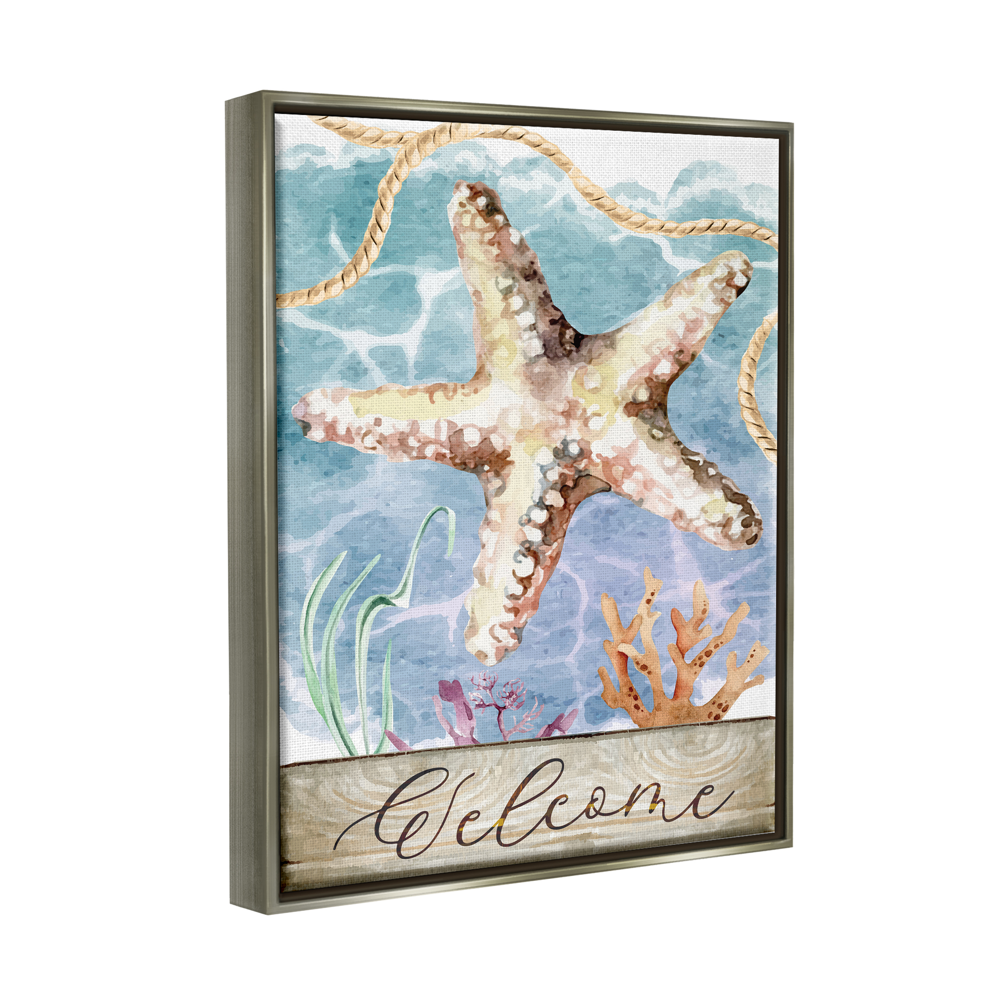 Stupell Aquatic Beach Welcome Starfish Landscape Painting Gray Floater Framed Art Print Wall Art