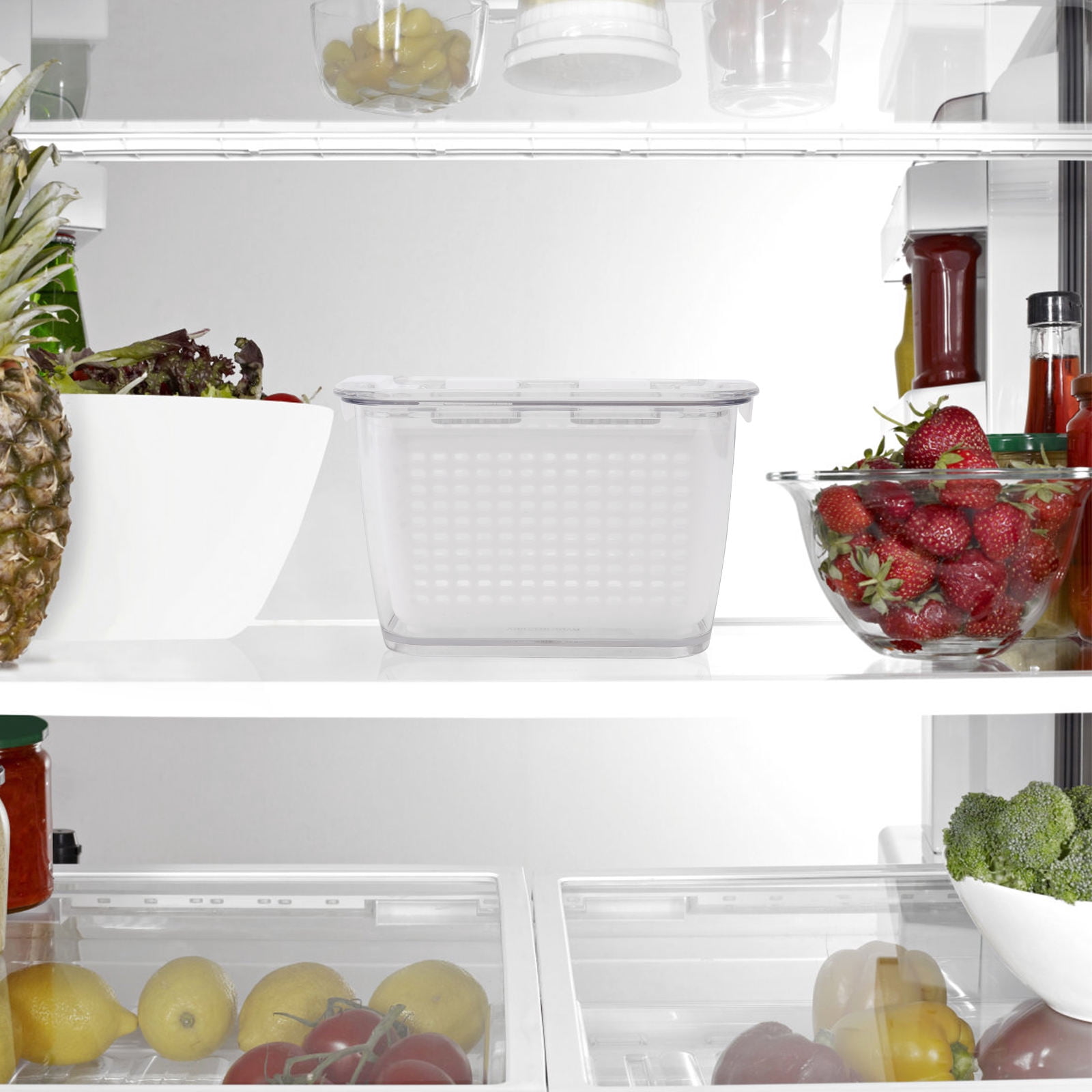 BESTYASH 3-Piece Vegetable Keeping Boxes White Plastic Fridge Produce Drain Trays for Kitchen Storage