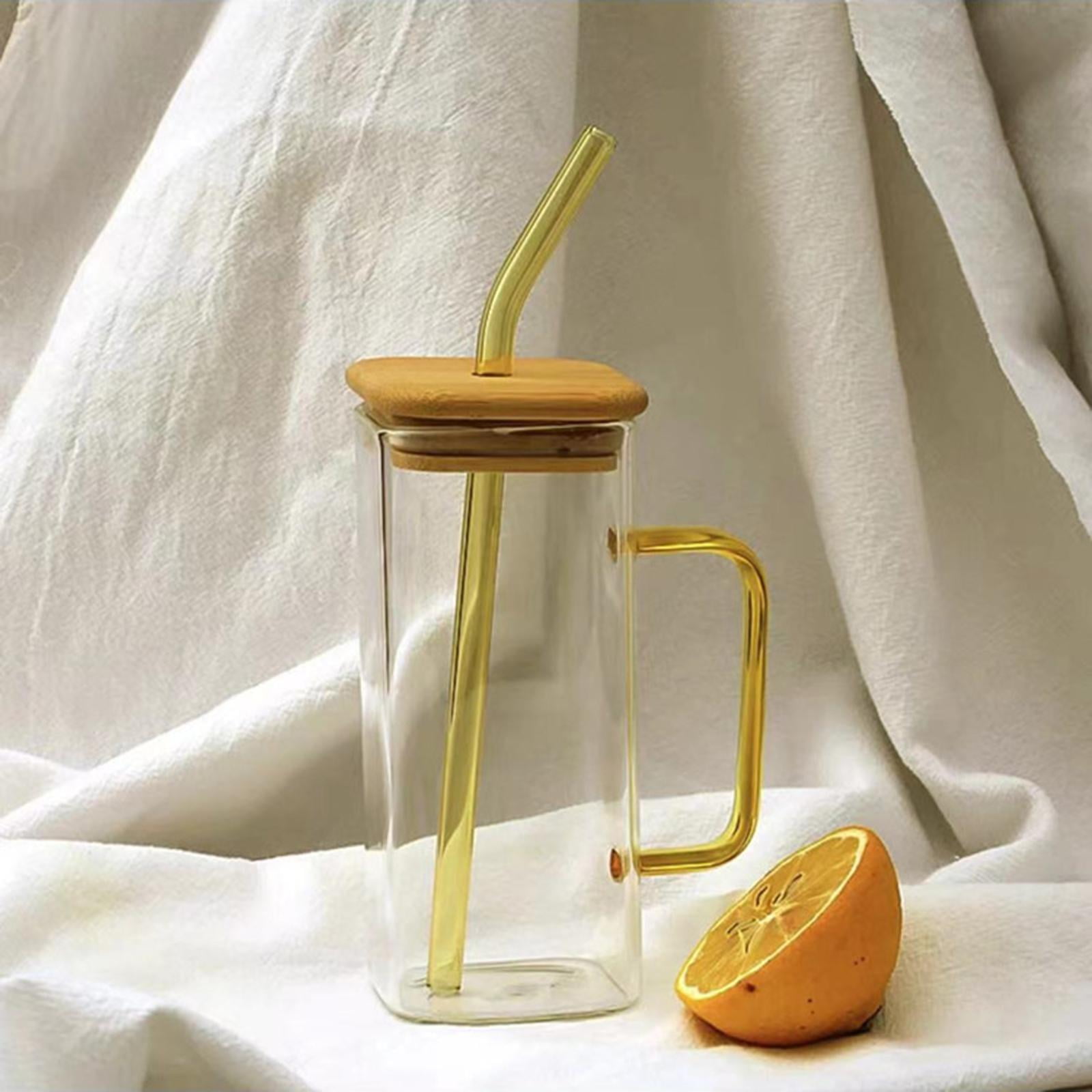 Taza cuadrada,Vaso de vidrio cuadrado 400ml Vasos de vidrio para beber,  Tapas y Mango para Pajitas,Botella de vidrio para beber Vasos transparentes,Taza  de té transparente Estilo C 