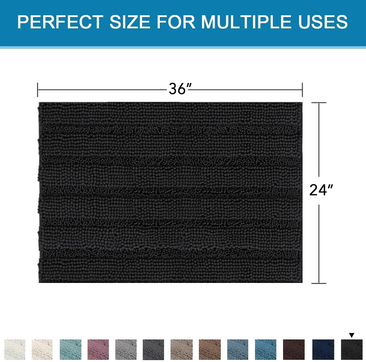 Bath Mats for Bathroom Non Slip Extra Thick Chenille Striped Bath Rug 24" x 36" Absorbent Non Skid Fluffy Soft Shaggy Rugs Washable Dry Fast Plush Mats for Indoor, Bath Room, Tub - Black