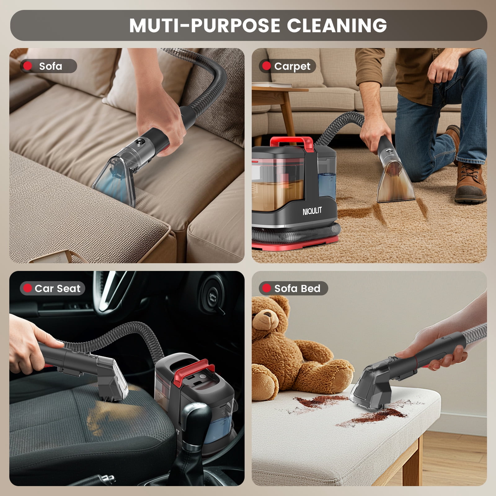 Portable Carpet Cleaner Machine, Upholstery Spot Vacuum Cleaner, 15Kpa Powerful Suction for Pet Stain, Couche & Car